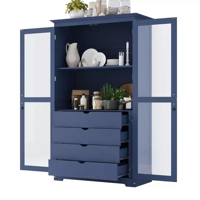 TOPMAX Garde-manger de cuisine 44,7x20x75 pouces, armoire de rangement de cuisine autoportante avec portes vitrées et 4 tiroirs intégrés pour salon