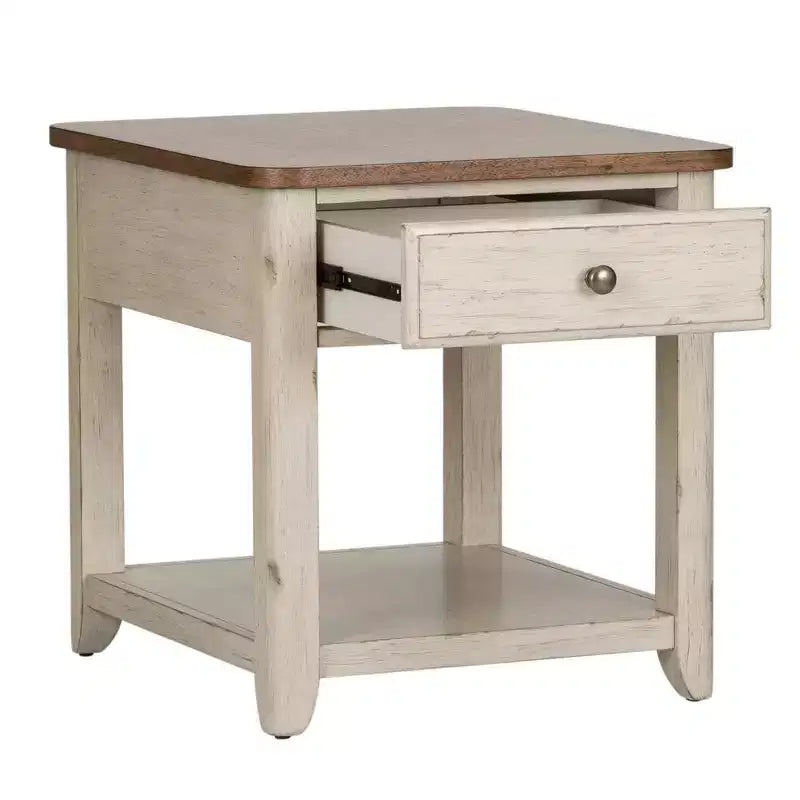Liberty Furniture, Table d'appoint revisitée style ferme avec panier, blanc antique avec plateau couleur châtaigne