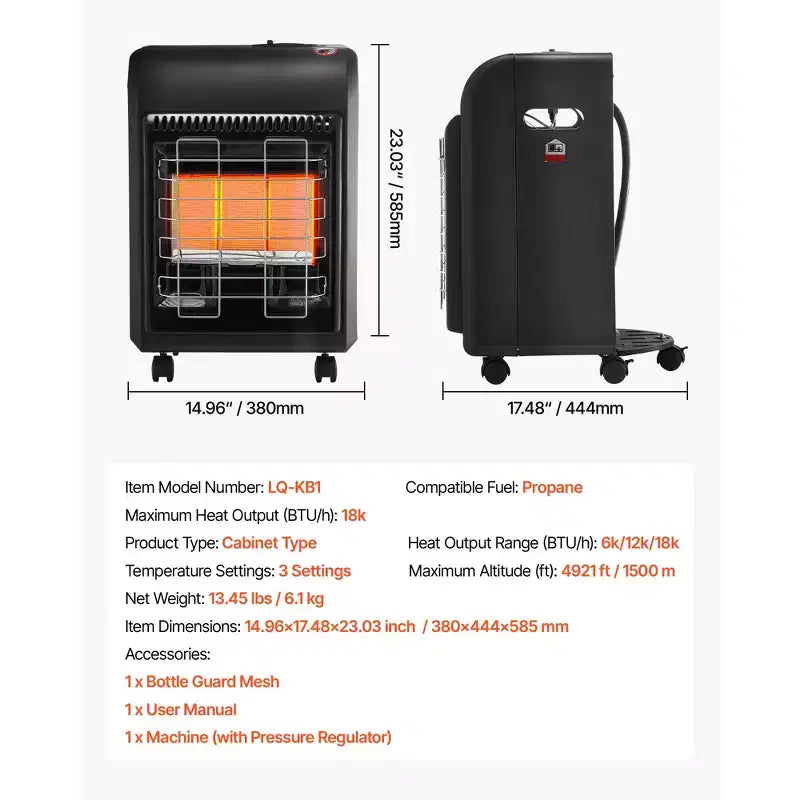 Chauffage au propane VEVOR, chauffage d'appoint au propane de 6 000 à 18 000 BTU avec 3 réglages de température et protection anti-basculement, chauffe jusqu'à 42 m², noir
