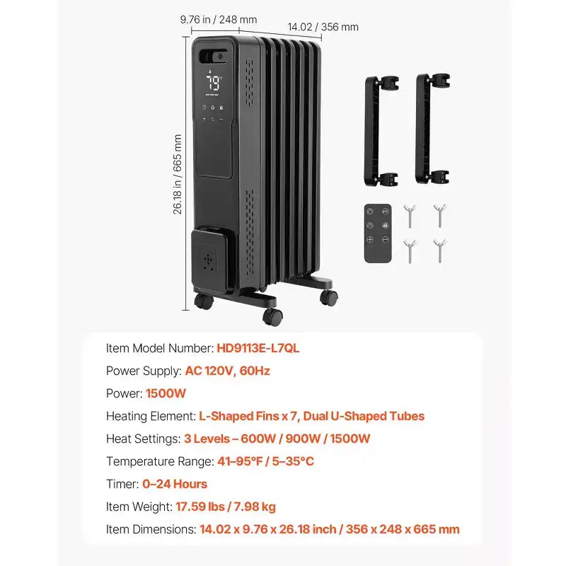 Chauffage au propane portable VEVOR, radiateur radiant 1500W avec double tube chauffant en U, protection contre la surchauffe, 3 réglages de chaleur, minuterie 24h, noir