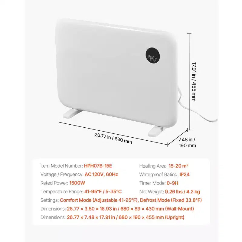 Panneau chauffant à convection VEVOR, radiateur électrique de 1500 W avec commande tactile, modèle portable sur pied ou mural, blanc