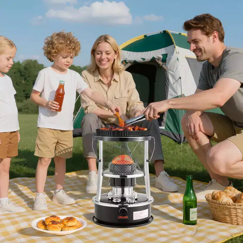 Chauffage et réchaud à pétrole portatif VEVOR 9000 BTU, chauffage 2 en 1 non électrique pour intérieur et extérieur avec hauteur et flamme réglables et rangement facile, noir