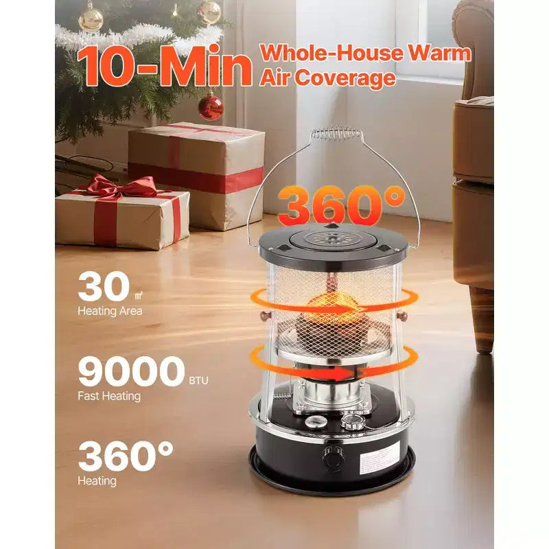 Chauffage et réchaud à pétrole portatif VEVOR 9000 BTU, chauffage 2 en 1 non électrique pour intérieur et extérieur avec hauteur et flamme réglables et rangement facile, noir