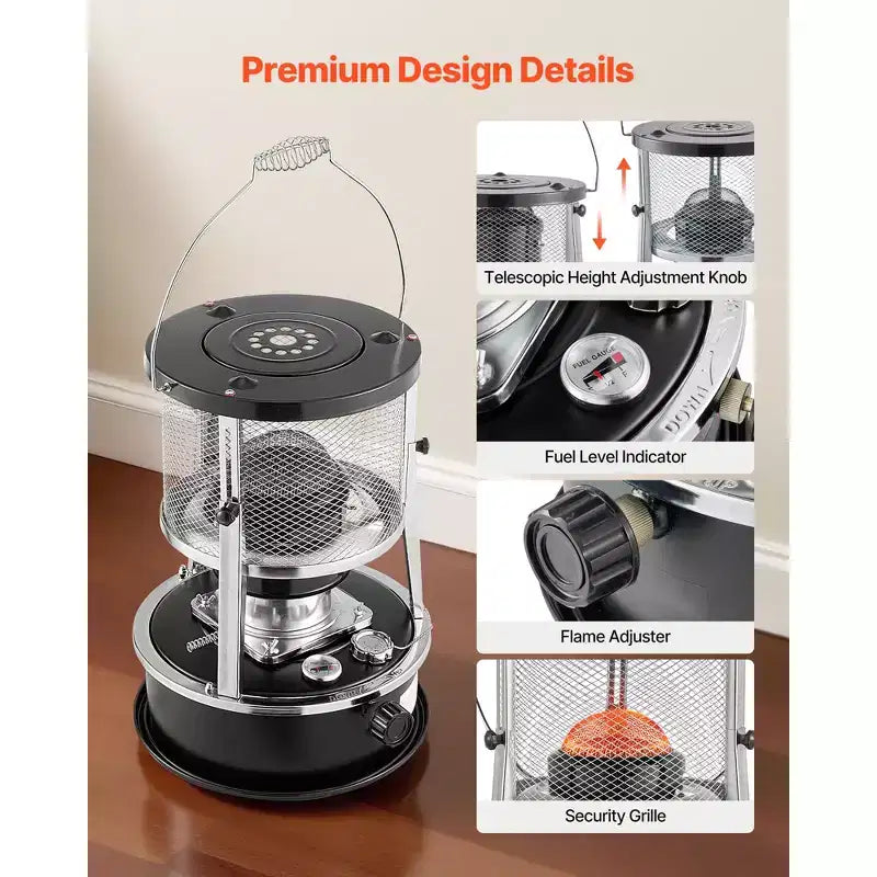 Chauffage et réchaud à pétrole portatif VEVOR 9000 BTU, chauffage 2 en 1 non électrique pour intérieur et extérieur avec hauteur et flamme réglables et rangement facile, noir