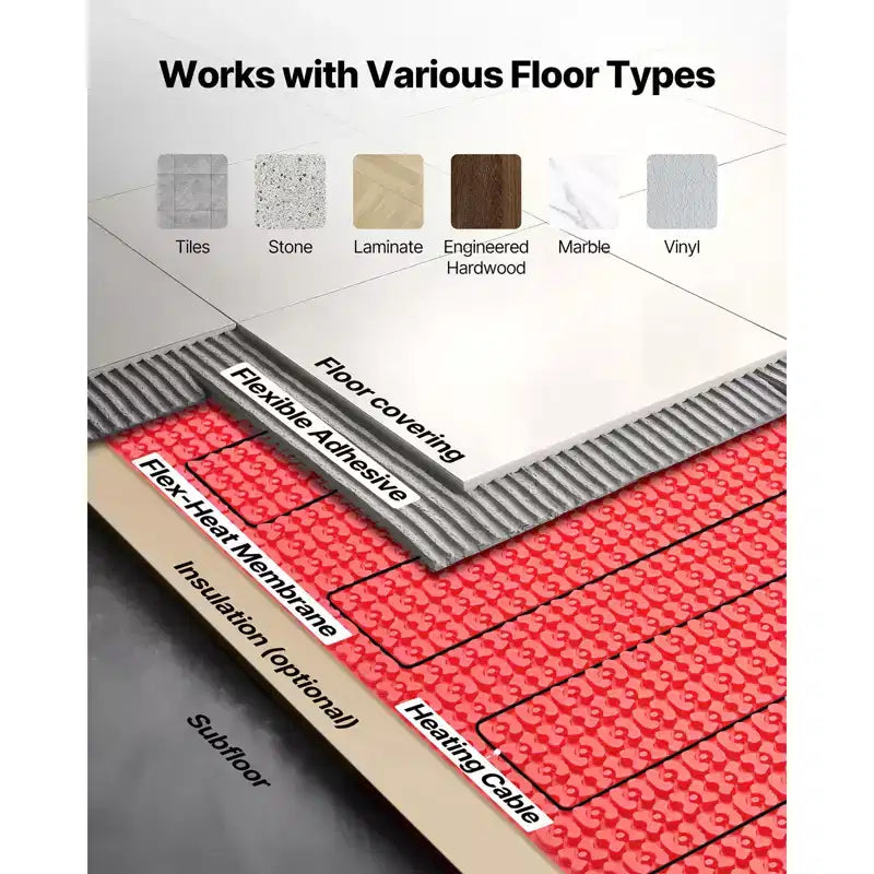 Système de tapis chauffant pour sol VEVOR 7,43 m², système de chauffage au sol électrique 120V, avec membrane de désolidarisation, thermostat intelligent et alarme, noir