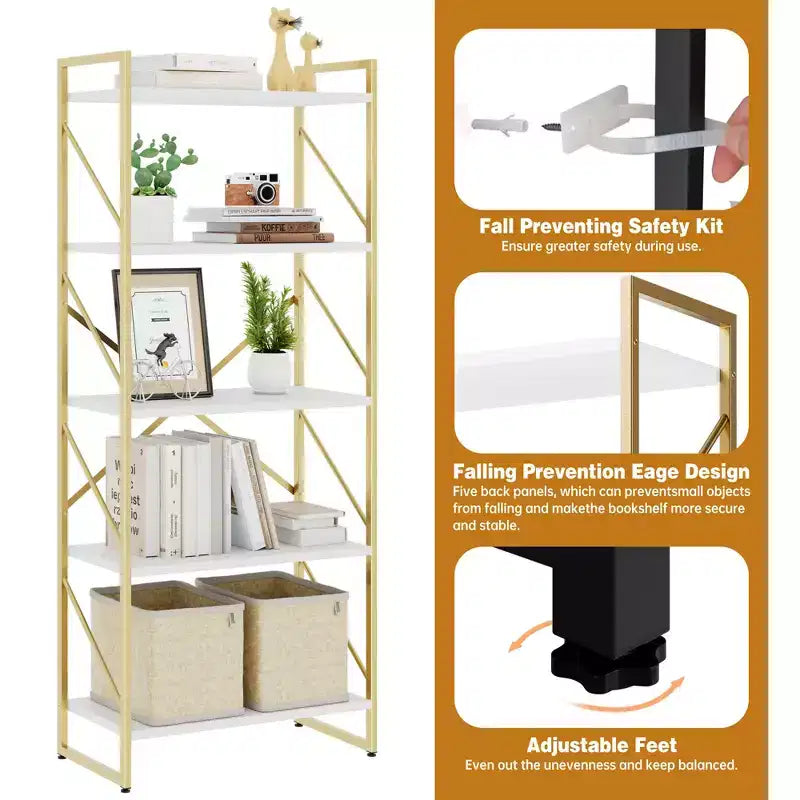Étagère Celebalcony 62,2 H x 23,6 L 5 niveaux, Bibliothèque haute en bois avec cadre métallique, Meuble de rangement moderne, Étagères de rangement pour bureau à domicile