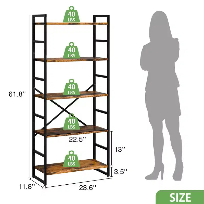 Étagère Celebalcony 62,2 H x 23,6 L 5 niveaux, Bibliothèque haute en bois avec cadre métallique, Meuble de rangement moderne, Étagères de rangement pour bureau à domicile