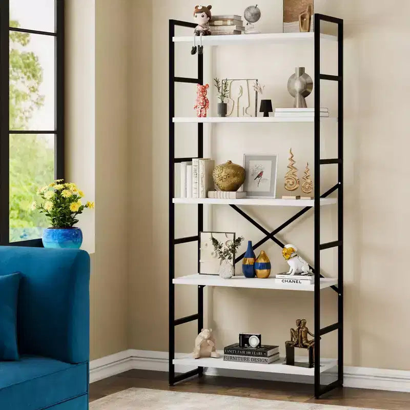 Étagère Celebalcony 62,2 H x 23,6 L 5 niveaux, Bibliothèque haute en bois avec cadre métallique, Meuble de rangement moderne, Étagères de rangement pour bureau à domicile