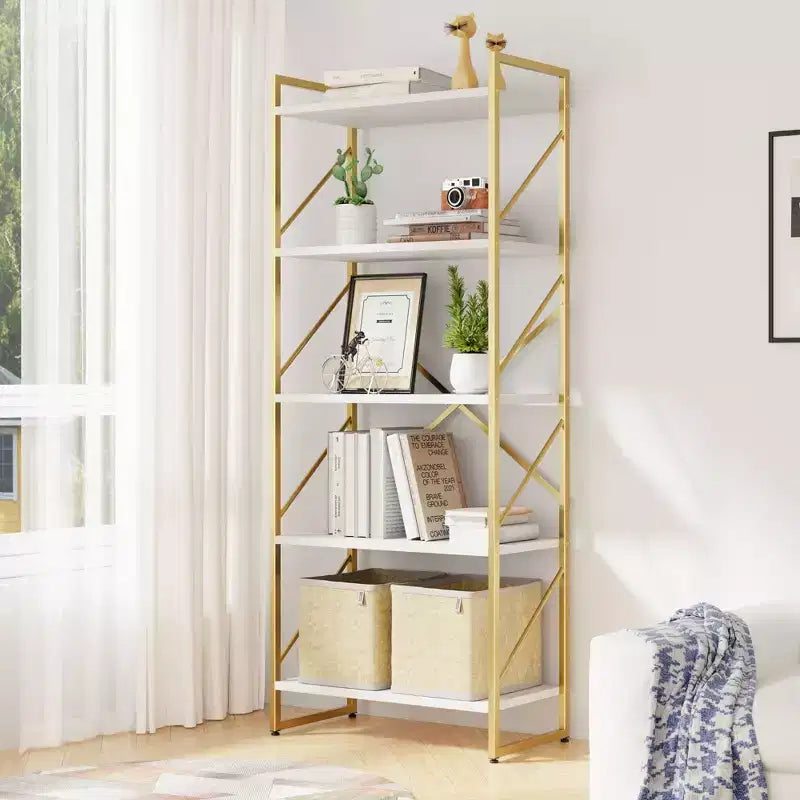 Étagère Celebalcony 62,2 H x 23,6 L 5 niveaux, Bibliothèque haute en bois avec cadre métallique, Meuble de rangement moderne, Étagères de rangement pour bureau à domicile