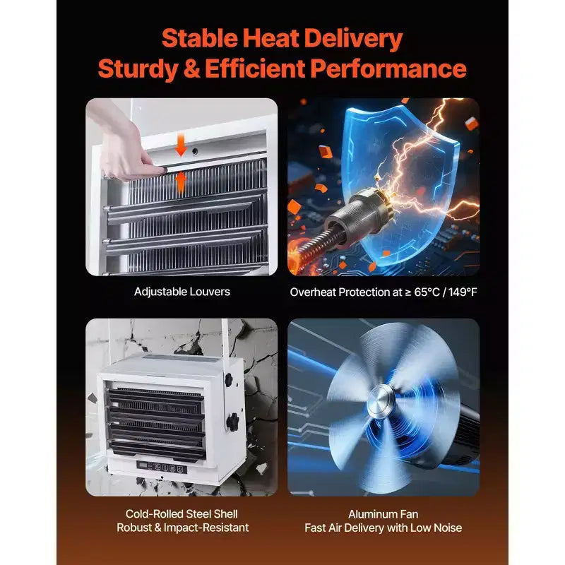 Chauffage de garage électrique VEVOR, 8500 watts avec minuterie de 10 heures et protection contre la surchauffe, chauffage d'atelier à montage mural/au plafond, 240 V, blanc