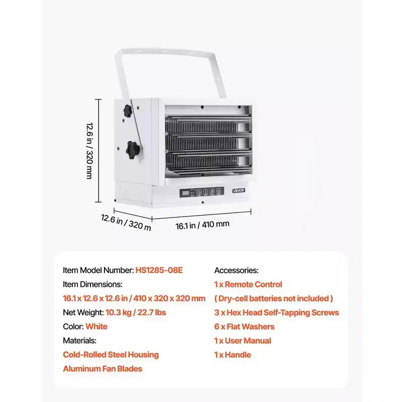 Chauffage de garage électrique VEVOR, 8500 watts avec minuterie de 10 heures et protection contre la surchauffe, chauffage d'atelier à montage mural/au plafond, 240 V, blanc