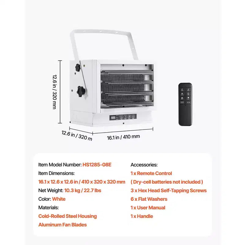 Chauffage de garage électrique VEVOR, 8500 watts avec minuterie de 10 heures et protection contre la surchauffe, chauffage d'atelier à montage mural/au plafond, 240 V, blanc