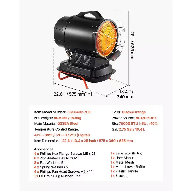 Chauffage radiant au kérosène/diesel VEVOR 70 000 BTU, chauffage industriel portatif avec température réglable et poignée, idéal pour chantier/garage, noir