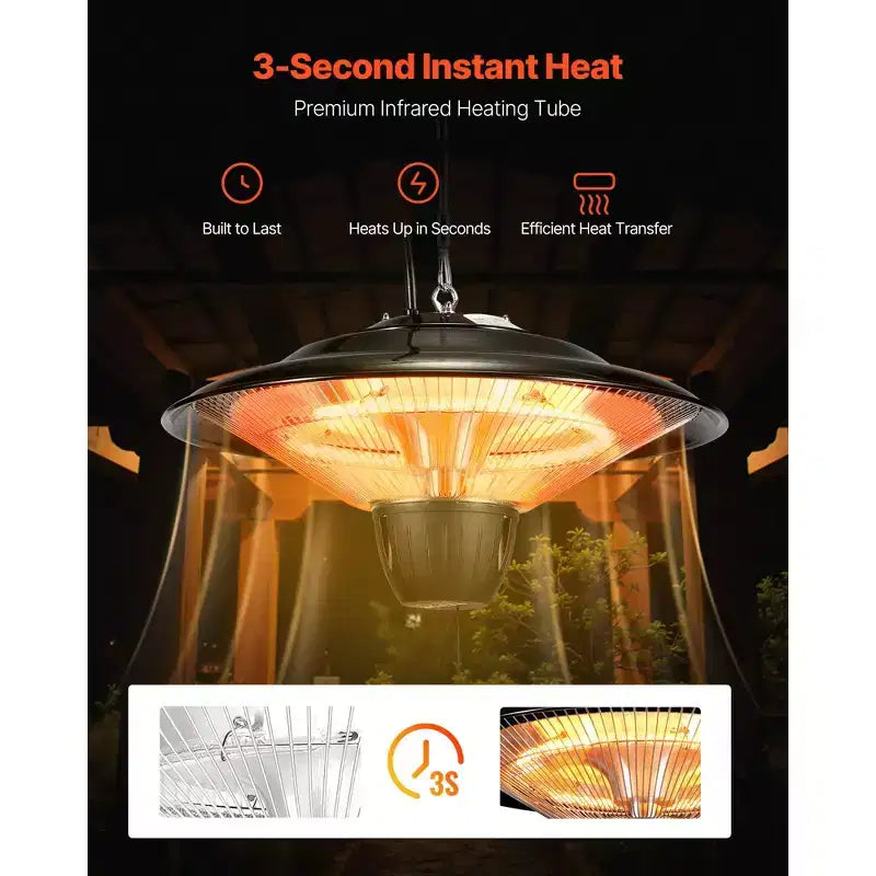 Chauffage de terrasse suspendu VEVOR, radiateur infrarouge électrique de 1500W, protection IP34 avec cordon de tirage de 60 cm et chaîne réglable, pour porche, terrasse, noir