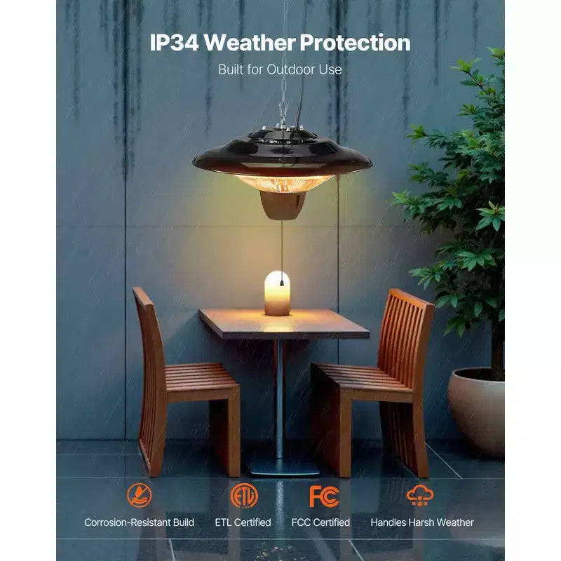 Chauffage de terrasse suspendu VEVOR, radiateur infrarouge électrique de 1500W, protection IP34 avec cordon de tirage de 60 cm et chaîne réglable, pour porche, terrasse, noir