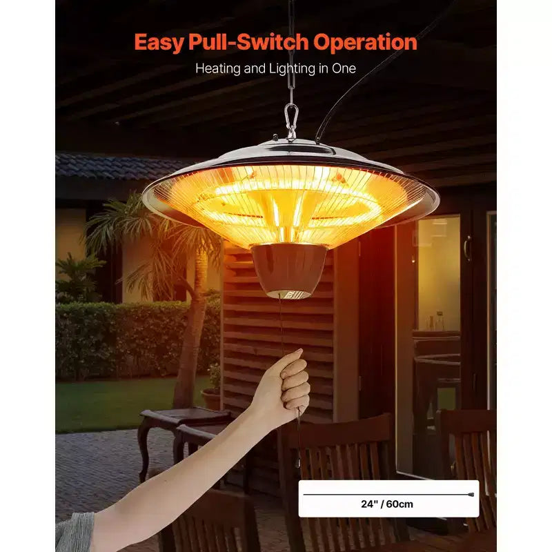 Chauffage de terrasse suspendu VEVOR, radiateur infrarouge électrique de 1500W, protection IP34 avec cordon de tirage de 60 cm et chaîne réglable, pour porche, terrasse, noir