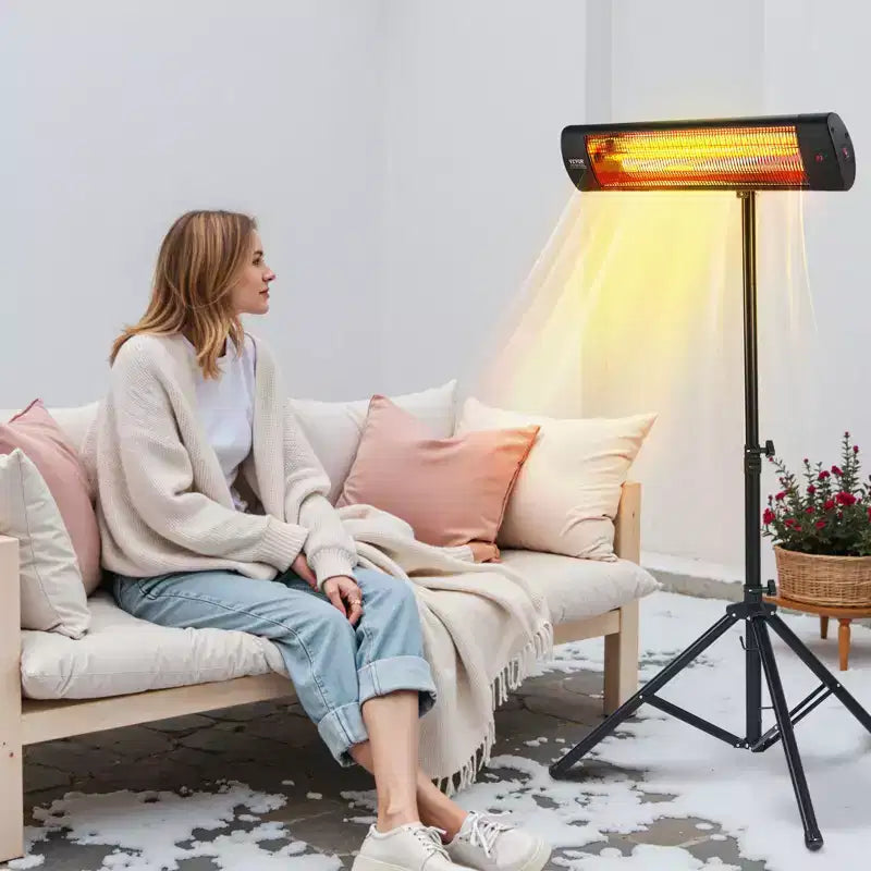 Chauffage infrarouge VEVOR, radiateur électrique 1500W avec écran, 3 vitesses et minuterie, pour intérieur/extérieur, terrasse, porche, studio, noir