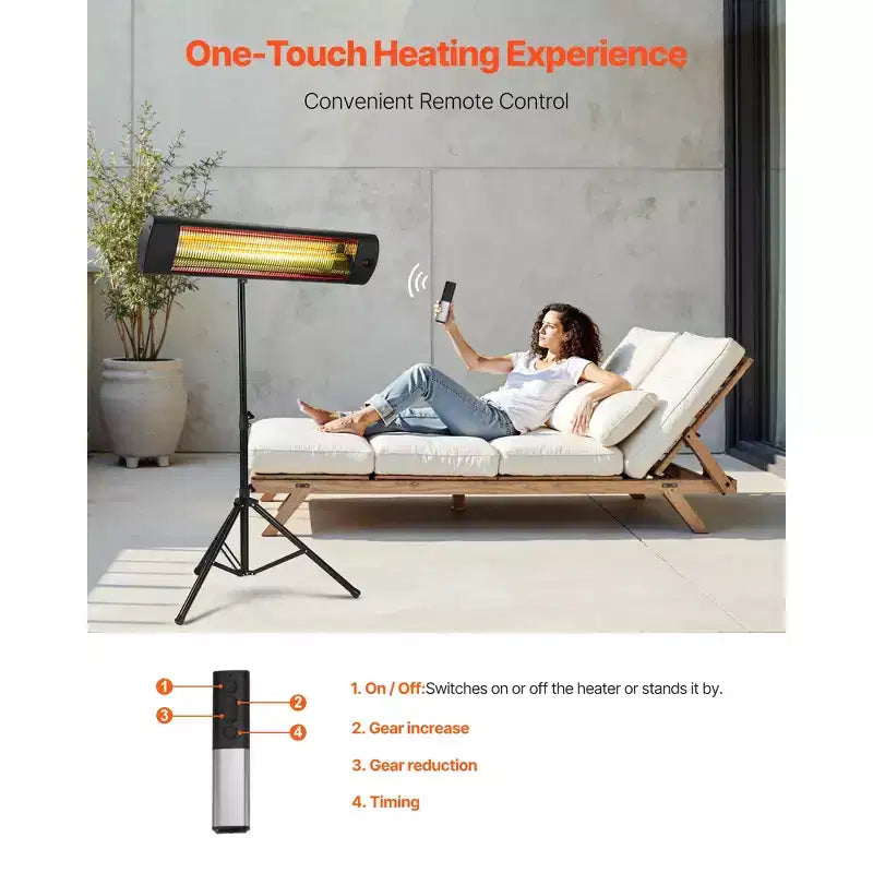 Chauffage infrarouge VEVOR, radiateur électrique 1500W avec écran, 3 vitesses et minuterie, pour intérieur/extérieur, terrasse, porche, studio, noir
