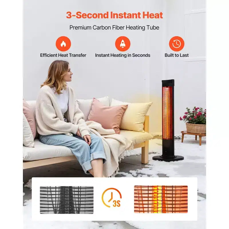 Chauffage infrarouge VEVOR, radiateur électrique 1500 W avec 2 vitesses et utilisation facile, intérieur/extérieur pour terrasse, chambre, studio, noir