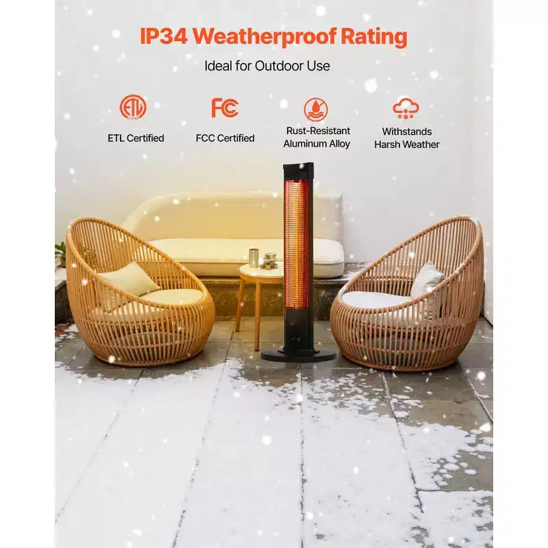 Chauffage infrarouge VEVOR, radiateur électrique 1500 W avec 2 vitesses et utilisation facile, intérieur/extérieur pour terrasse, chambre, studio, noir