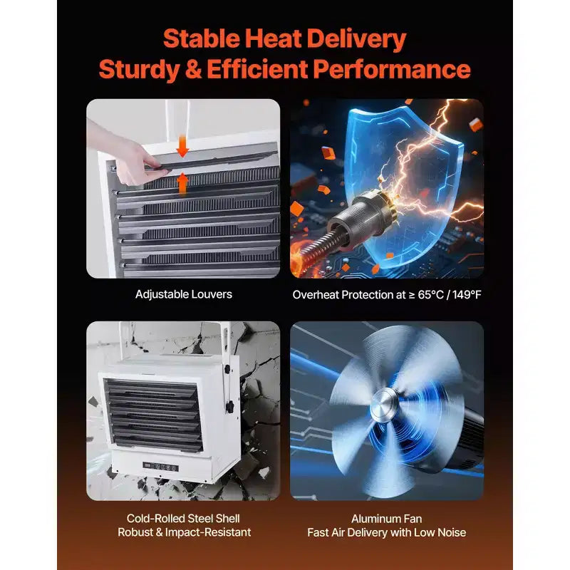 Chauffage de garage électrique VEVOR, 15 000 watts avec minuterie de 10 heures et protection contre la surchauffe, chauffage d'atelier à montage mural/au plafond, 240 V, blanc