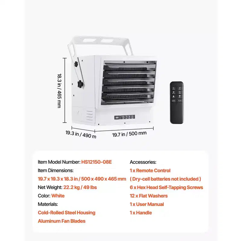 Chauffage de garage électrique VEVOR, 15 000 watts avec minuterie de 10 heures et protection contre la surchauffe, chauffage d'atelier à montage mural/au plafond, 240 V, blanc