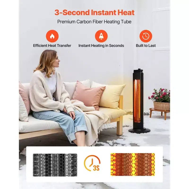 Chauffage infrarouge VEVOR, radiateur électrique 1500 W avec 3 vitesses, minuterie 24 h et multiples protections de sécurité, intérieur/extérieur, noir