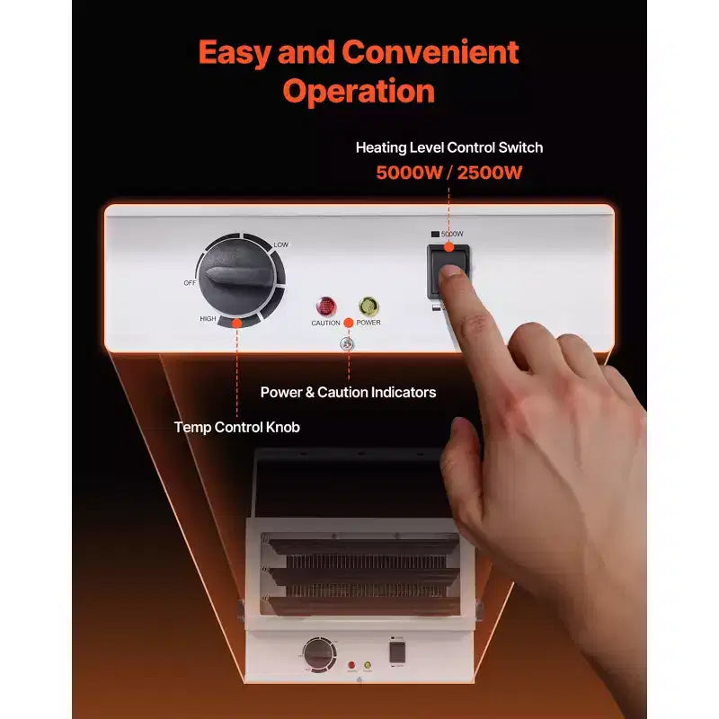 Chauffage de garage électrique VEVOR, 5000 W (2500/5000 W), chauffage d'atelier à montage au plafond, 2 réglages, protection contre la surchauffe et flux transversal silencieux, 240 V, blanc