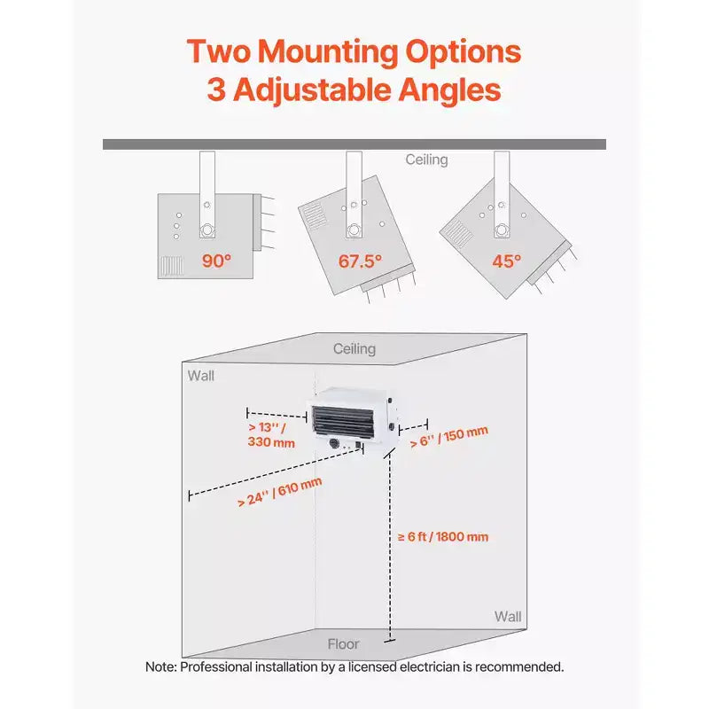 Chauffage de garage électrique VEVOR, 5000 W (2500/5000 W), chauffage d'atelier à montage au plafond, 2 réglages, protection contre la surchauffe et flux transversal silencieux, 240 V, blanc