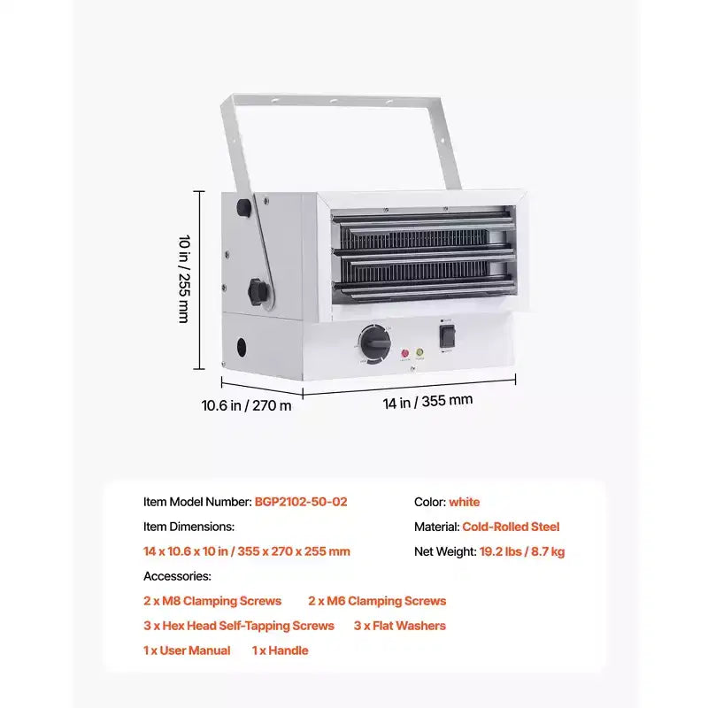 Chauffage de garage électrique VEVOR, 5000 W (2500/5000 W), chauffage d'atelier à montage au plafond, 2 réglages, protection contre la surchauffe et flux transversal silencieux, 240 V, blanc
