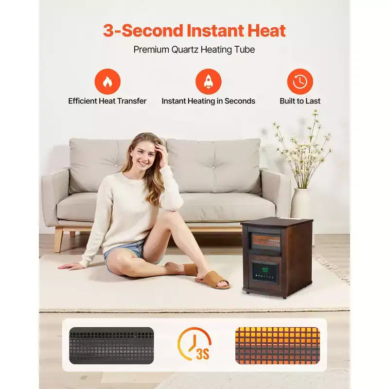 Chauffage infrarouge VEVOR, radiateur électrique 1500W avec écran et minuterie 24H, température réglable pour terrasse et chambre, marron