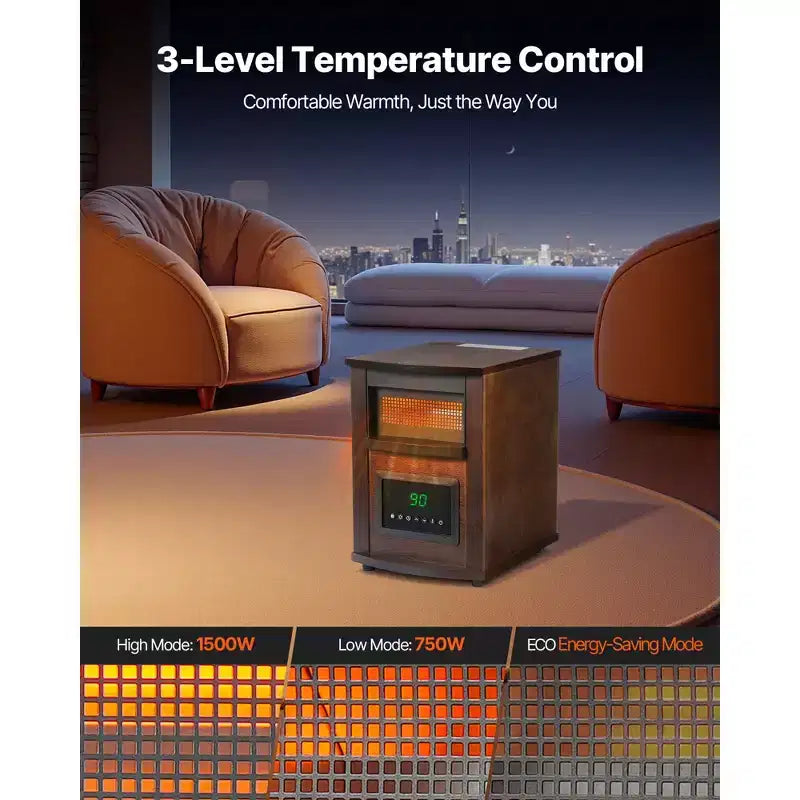 Chauffage infrarouge VEVOR, radiateur électrique 1500W avec écran et minuterie 24H, température réglable pour terrasse et chambre, marron