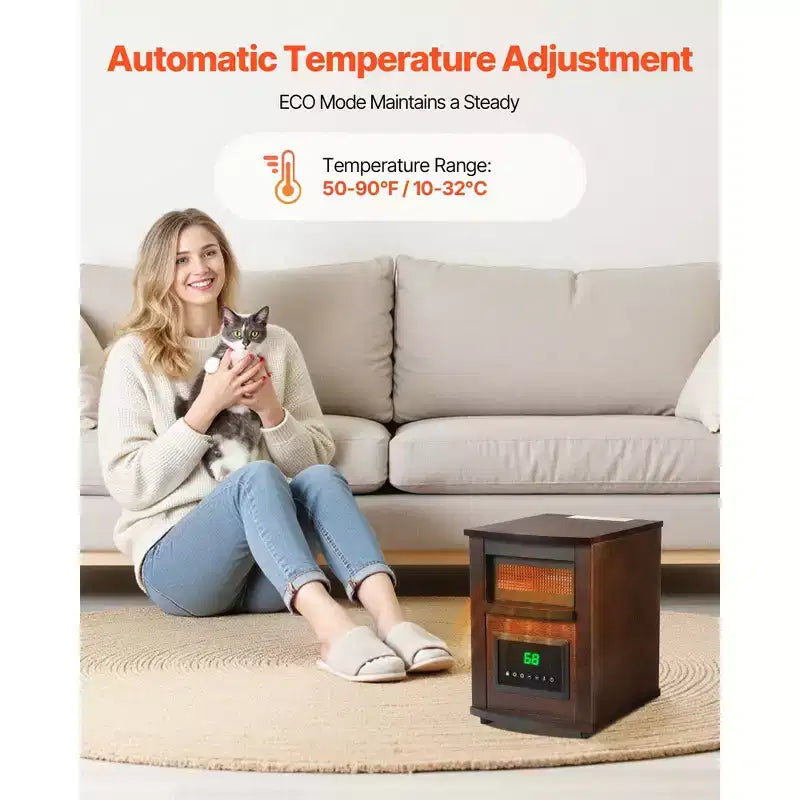 Chauffage infrarouge VEVOR, radiateur électrique 1500W avec écran et minuterie 24H, température réglable pour terrasse et chambre, marron