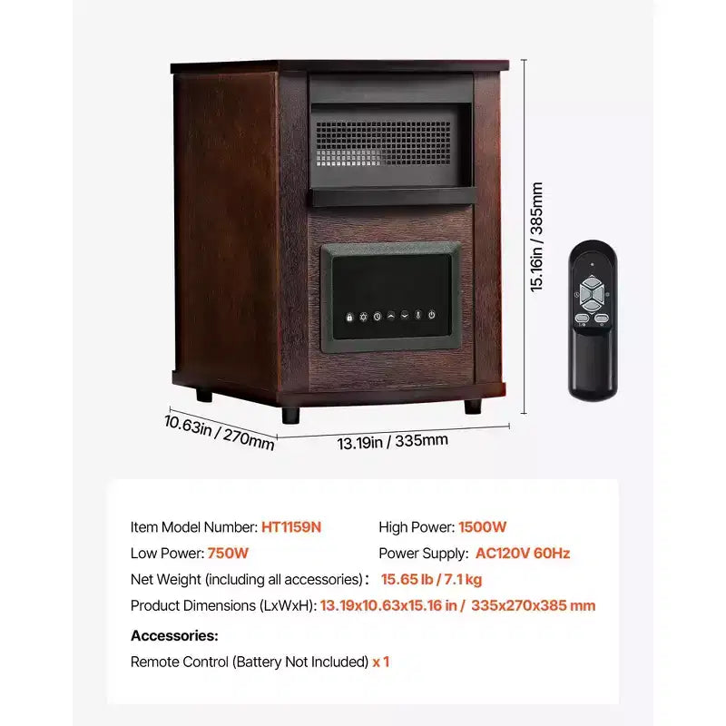 Chauffage infrarouge VEVOR, radiateur électrique 1500W avec écran et minuterie 24H, température réglable pour terrasse et chambre, marron