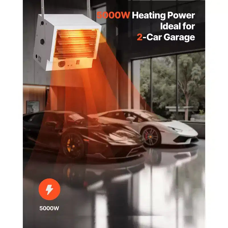 Chauffage de garage électrique VEVOR, 5000 W, mural/plafonnier pour 2 voitures, protection contre la surchauffe et 3 angles réglables, 240 V, blanc