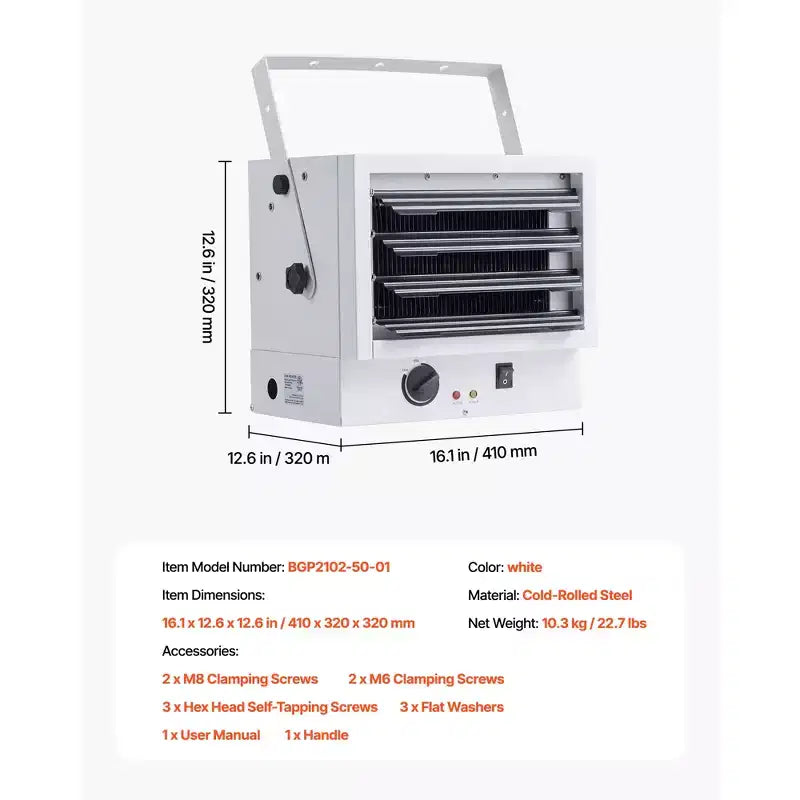 Chauffage de garage électrique VEVOR, 5000 W, mural/plafonnier pour 2 voitures, protection contre la surchauffe et 3 angles réglables, 240 V, blanc