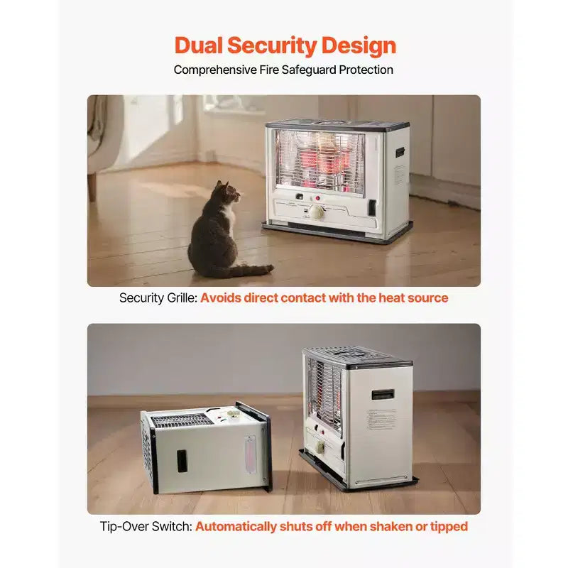 Chauffage au kérosène VEVOR 10000 BTU pour intérieur et extérieur, radiateur portable avec arrêt automatique, flamme réglable et sécurité anti-basculement, pour la maison, beige et noir
