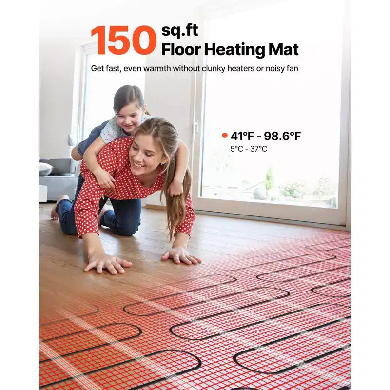Système de tapis chauffant électrique auto-adhésif VEVOR, 14 m² (150 pi²), 120 V, avec thermostat intelligent et alarme, rouge