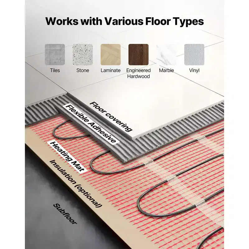 Système de tapis chauffant électrique auto-adhésif VEVOR, 14 m² (150 pi²), 120 V, avec thermostat intelligent et alarme, rouge