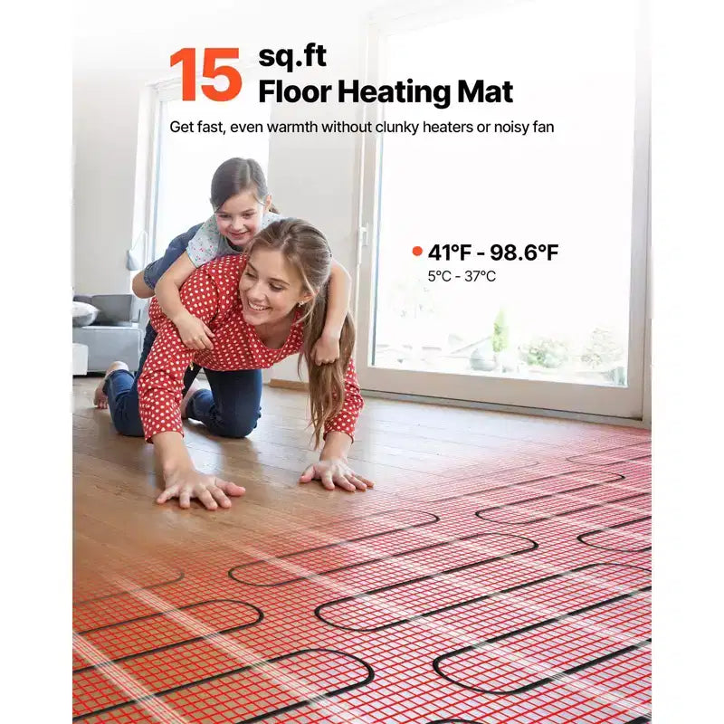 VEVOR Système de tapis chauffant au sol en maille auto-adhésif de 15 pi², système de chauffage par rayonnement électrique 120 V, avec thermostat intelligent et alarme, rouge
