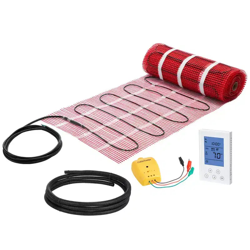 VEVOR 90 sqft Self-Adhesive Mesh Floor Heating Mat System, 120V Electric Radiant Heated Floor System, with Smart Control Thermostat & Alarm, Red