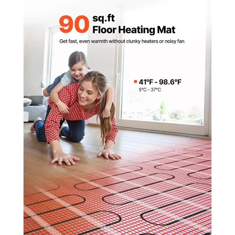 Système de tapis chauffant électrique auto-adhésif VEVOR, 8,4 m² (90 pi²), 120 V, avec thermostat intelligent et alarme, rouge
