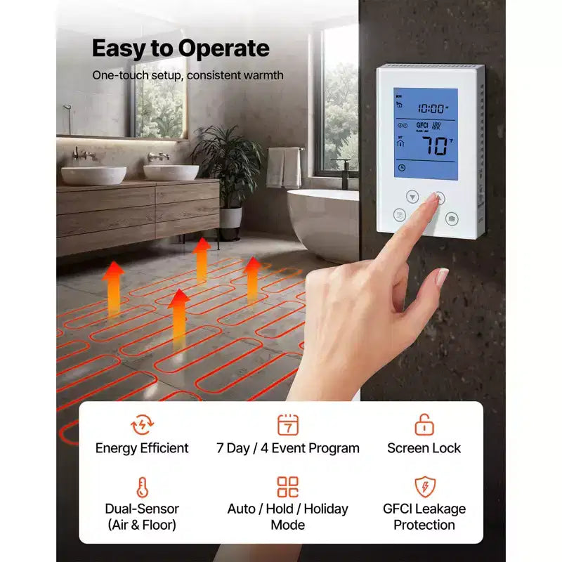 Système de tapis chauffant électrique auto-adhésif VEVOR, 8,4 m² (90 pi²), 120 V, avec thermostat intelligent et alarme, rouge