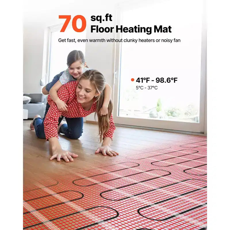 Système de tapis chauffant électrique au sol VEVOR, 6,5 m² (70 pi²), autocollant, 120 V, avec thermostat intelligent et alarme, rouge