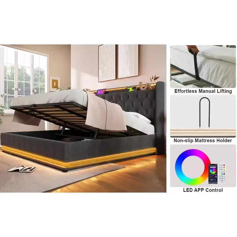 Bellemave Lit plateforme entièrement rembourré avec fonction LED à 360°, cadre de lit plateforme rembourré avec chargement USB Type-C, gris