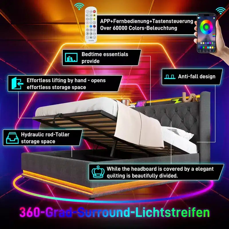 Bellemave Lit plateforme entièrement rembourré avec fonction LED à 360°, cadre de lit plateforme rembourré avec chargement USB Type-C, gris
