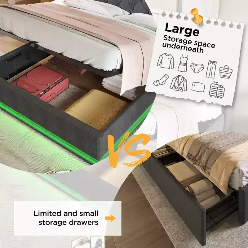 Bellemave Lit plateforme entièrement rembourré avec fonction LED à 360°, cadre de lit plateforme rembourré avec chargement USB Type-C, gris