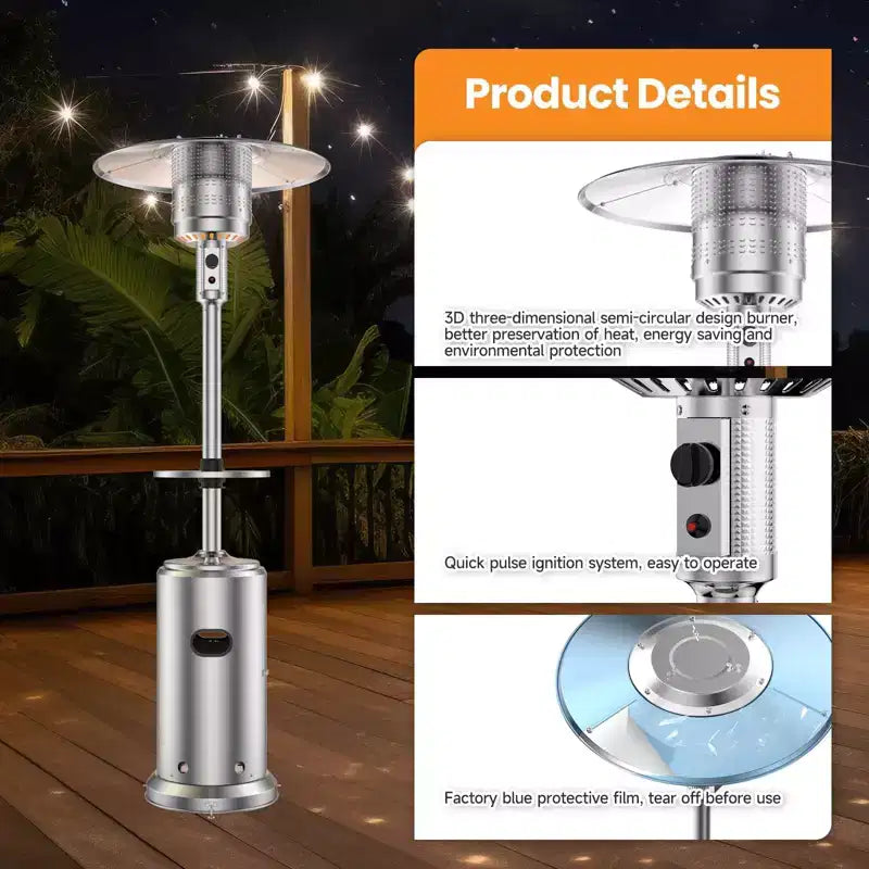 Chauffage de terrasse au propane 48 000 BTU, radiateur extérieur avec roulettes, table en acier inoxydable et arrêt automatique de sécurité