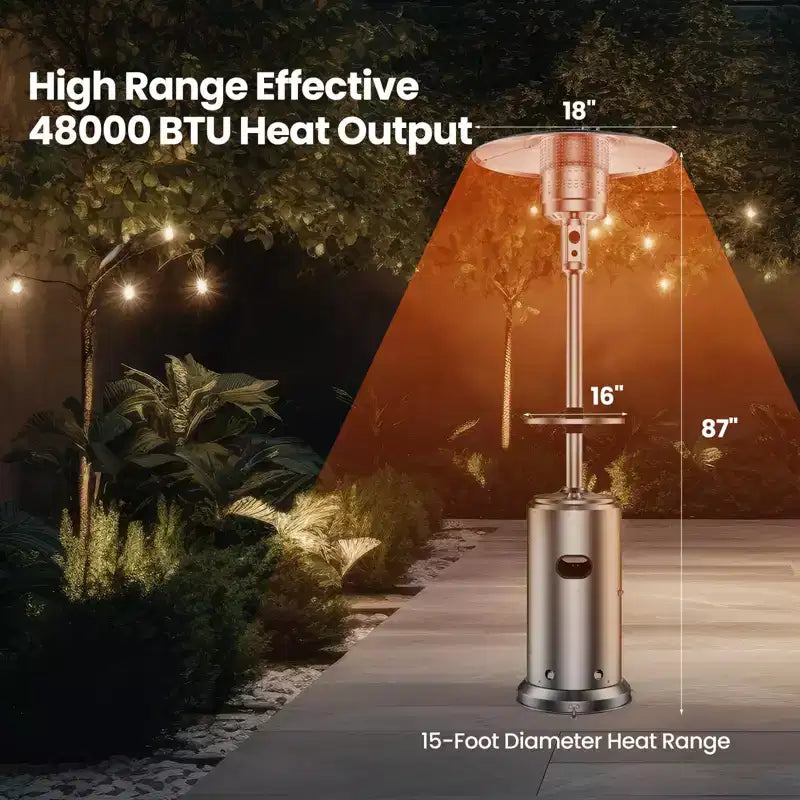 Chauffage de terrasse au propane 48 000 BTU, radiateur extérieur avec roulettes, table en acier inoxydable et arrêt automatique de sécurité