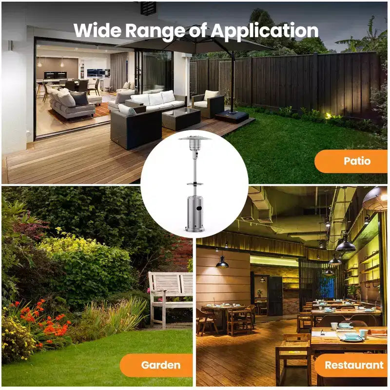 Chauffage de terrasse au propane 48 000 BTU, radiateur extérieur avec roulettes, table en acier inoxydable et arrêt automatique de sécurité